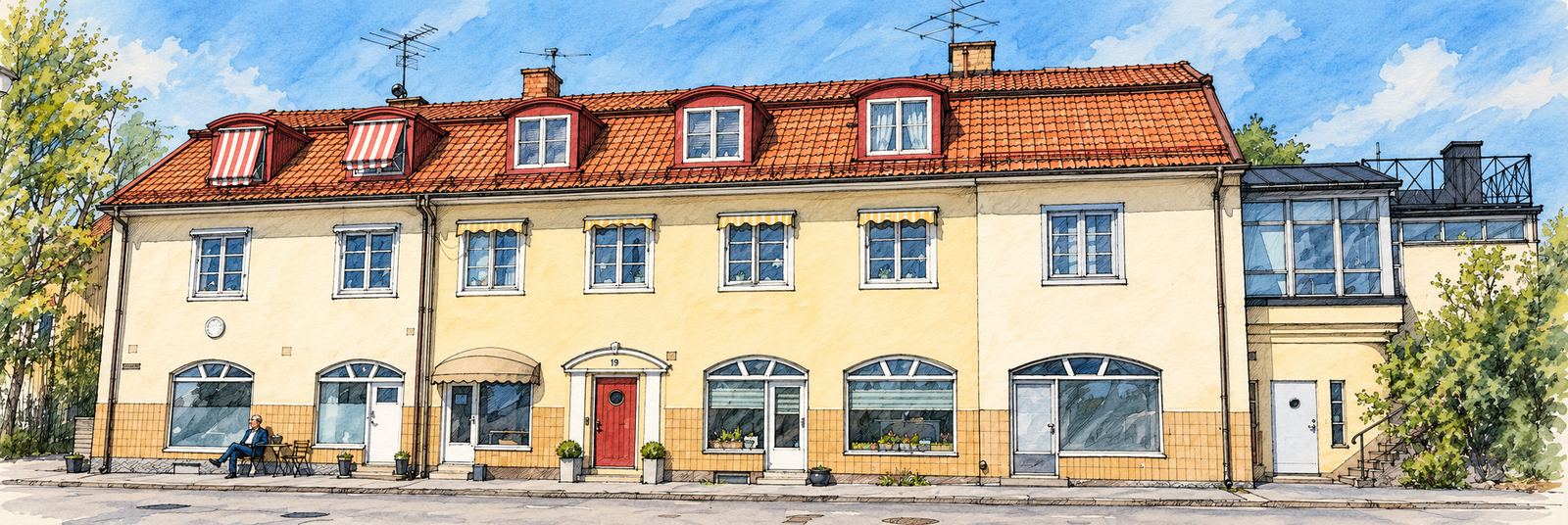 Akvarell av det gula huset med tegeltak på Orrspelsvägen i Bromma där Datorreparation Stockholm har sin verkstad